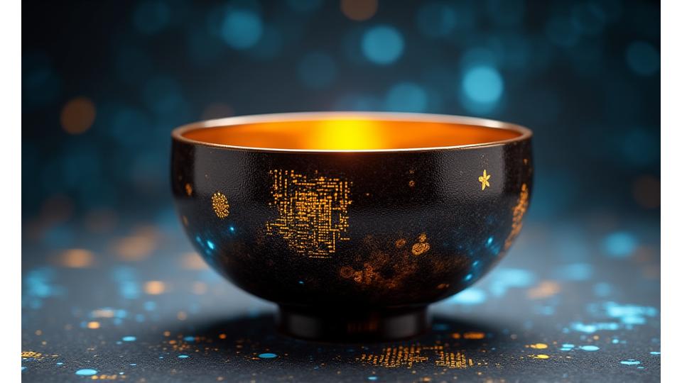 ひびの入った器が金で修復されている様子。金継ぎの概念を表現した背景に抽象的なIT要素が融合しています。