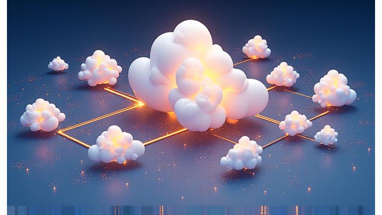 複数のクラウドアイコンとデータが移動する様子