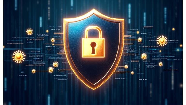 デジタル世界を保護するサイバーセキュリティの盾とロックアイコン